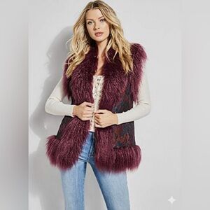 Guess Size S Jacquee Vest Faux Fur Purple Potion Embroidered Reversible